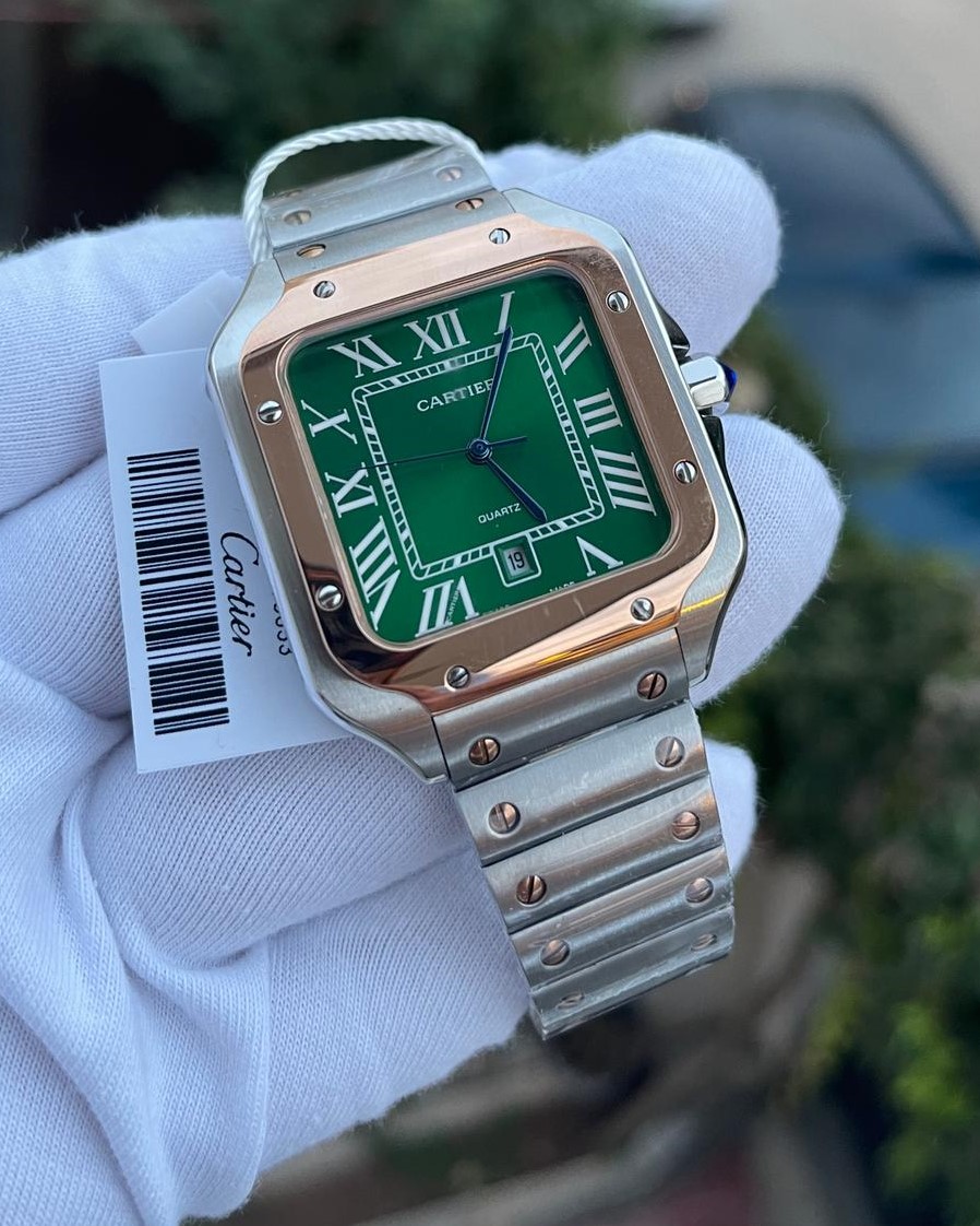 Cartier Santos Çift Renk Yeşil Kadran Erkek Kol Saati L-1392